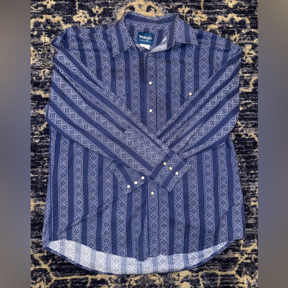 Vintage Wrangler Pearl Snap Western Shirt Blue Paisley Size XL